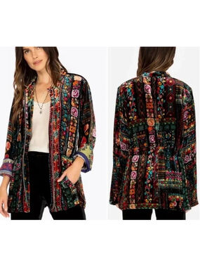 Johnny Was Trixie Velvet Anorak Jacket Size S Black Multi-color Floral Velvet